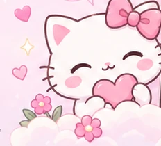Illustrated white kitten with pink bow holding a heart