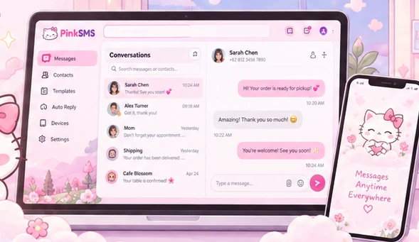 PinkSMS conversation dashboard preview displayed on a laptop beside a phone