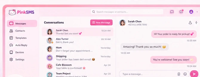 Example of the PinkSMS dashboard, conversation list and SMS message composer